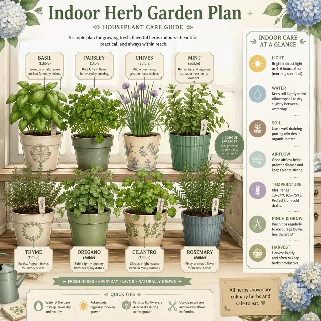 Indoor herb garden infographic with labeled basil, parsley, chives, mint, thyme, oregano, cilantro, and rosemary