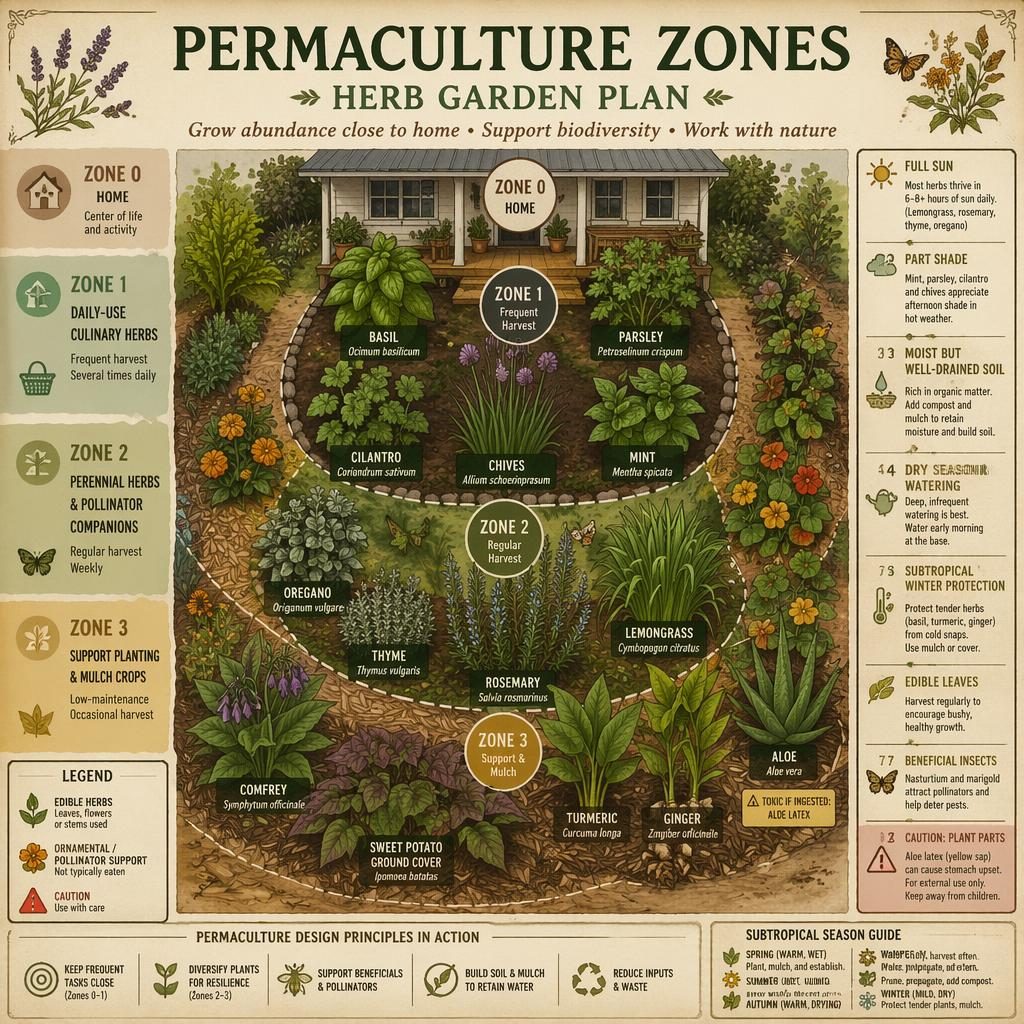 Vintage-style permaculture herb garden infographic with zone map, home center, labeled herbs, callouts, and care icons.