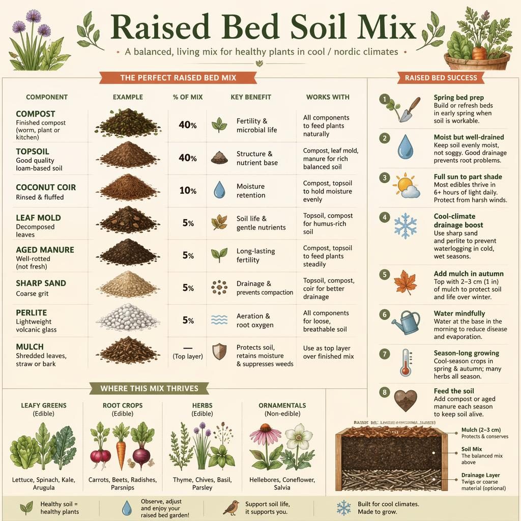 Minimal flat gardening infographic showing a raised bed soil mix grid with compost, topsoil, coir, leaf mold and mulch.