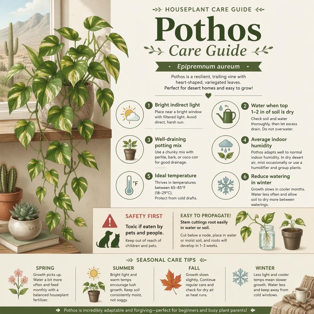 Vertical pothos care infographic with botanical vine art, 6 care callouts, safety note, propagation tip, and seasonal cues.