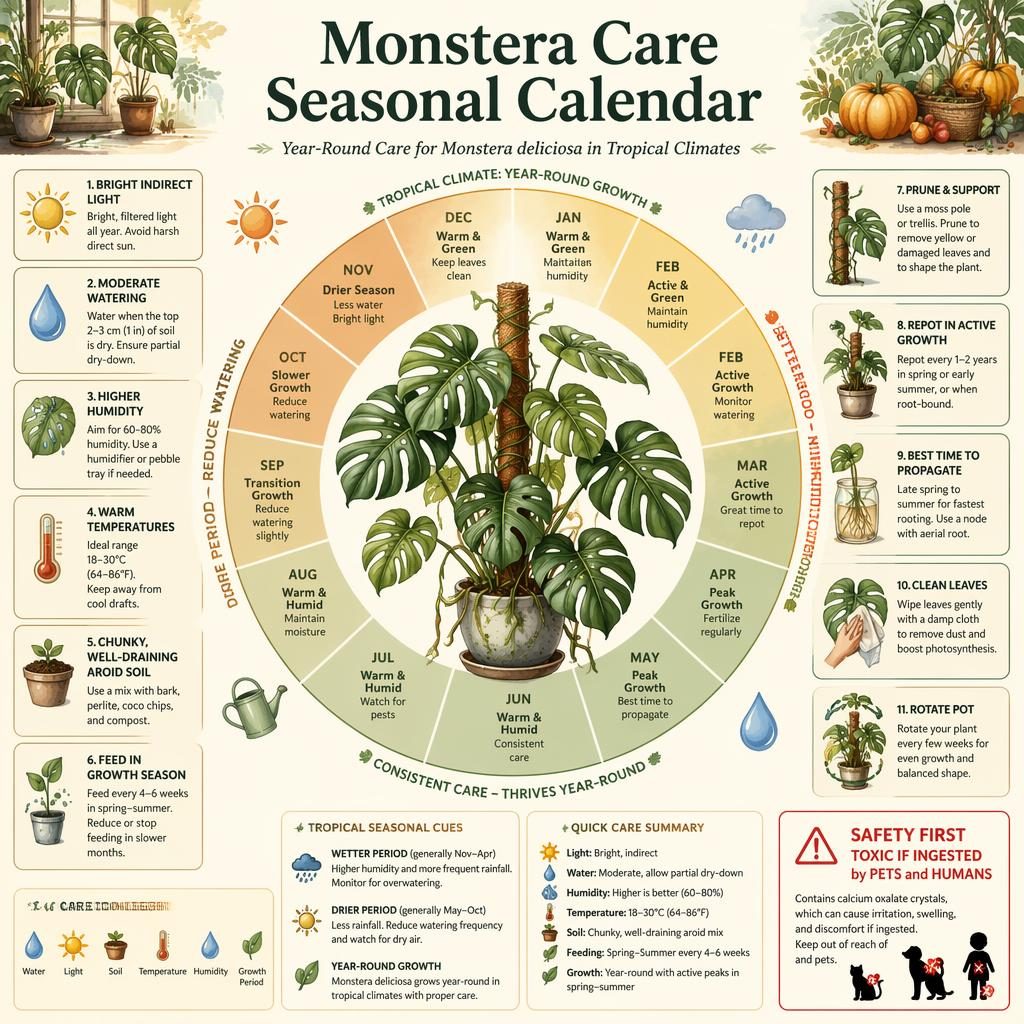 Watercolor infographic of a Monstera deliciosa seasonal care wheel with 12 months, care icons, English callouts, and toxicity label.
