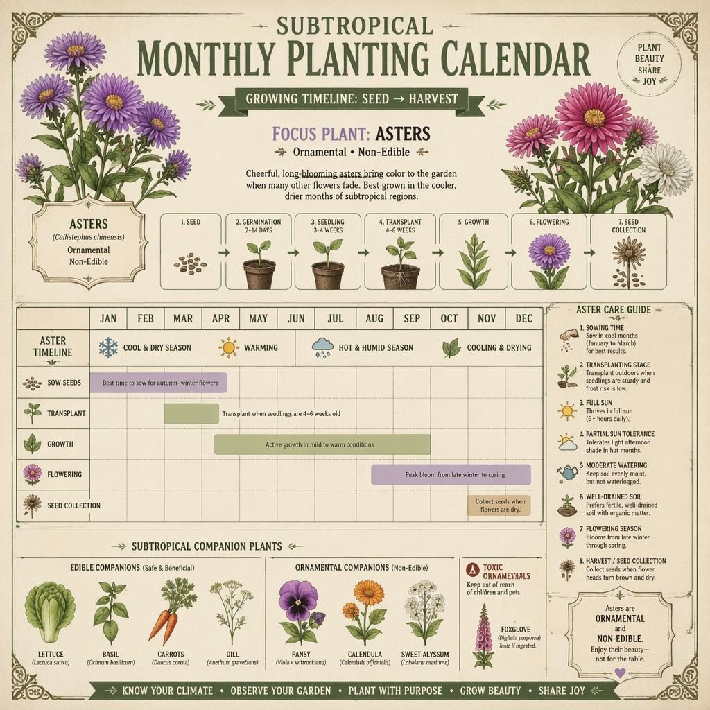 Vintage-style subtropical monthly planting calendar infographic for asters with seed-to-harvest timeline, botanical labels, icons, and callouts.