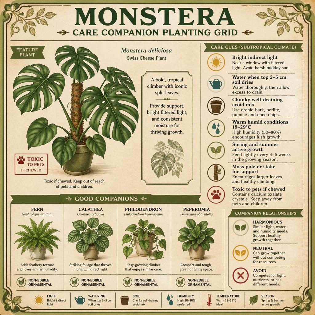 Vintage seed packet style infographic of Monstera deliciosa with companion plant grid, care icons, English callouts, and muted sage palette.