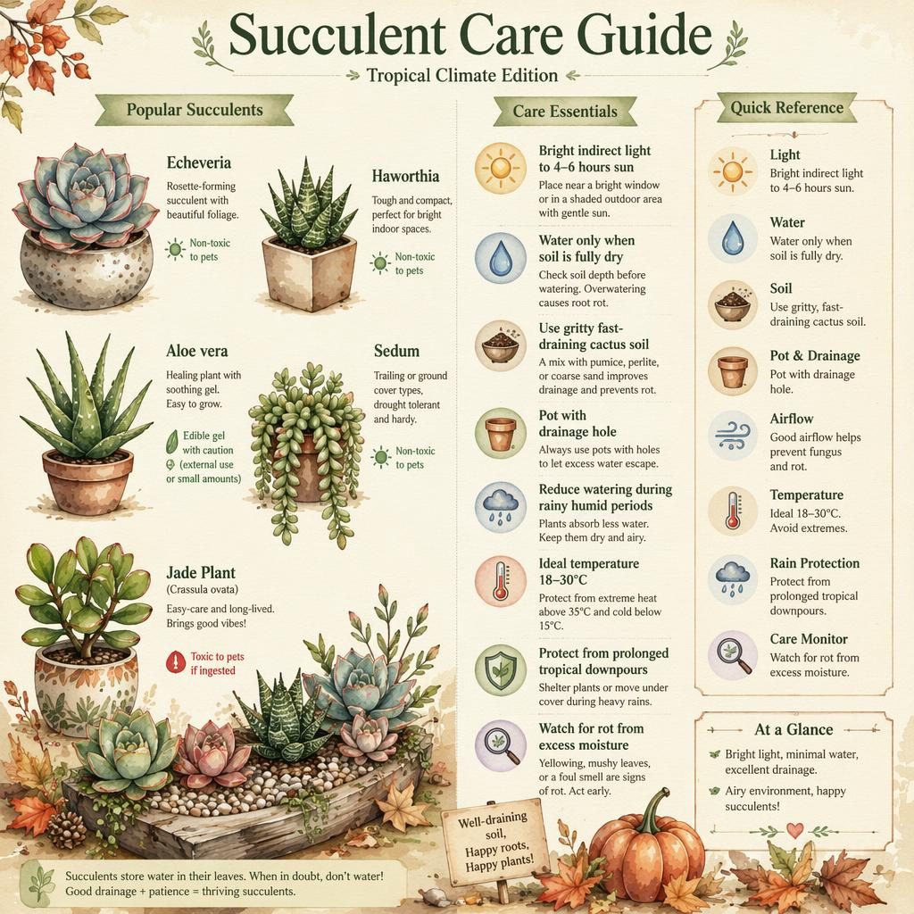 Watercolor succulent care infographic with Echeveria, Haworthia, Aloe, Sedum, and Jade plant plus labeled care callouts.
