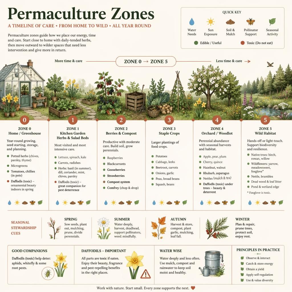 Minimal flat infographic of Permaculture Zones 0-5 with home, herbs, berries, crops, orchard, wild habitat, and labeled daffodils.
