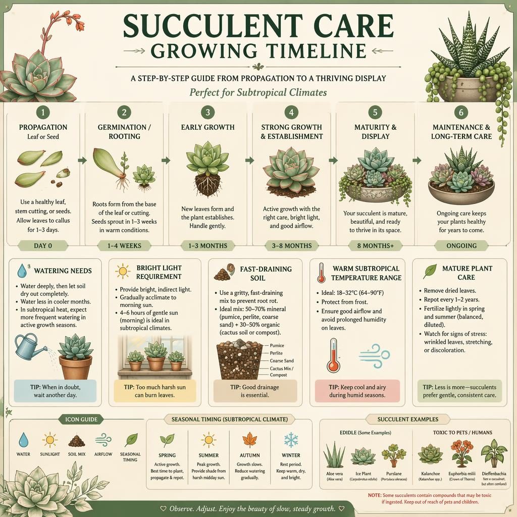 Botanical infographic showing a succulent care growing timeline with propagation, rooting, early growth, light, soil, watering, warmth, and mature care.