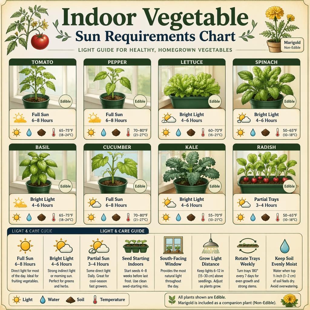 Indoor vegetable sun requirements chart with tomato, pepper, lettuce, spinach, basil, cucumber, kale, and radish seedlings.