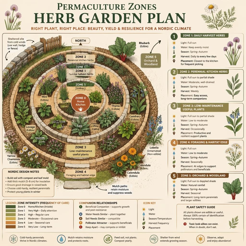 Flat infographic of a Nordic permaculture herb garden plan, Zones 0-5, with herbs, lobelia labels, icons, and legend.