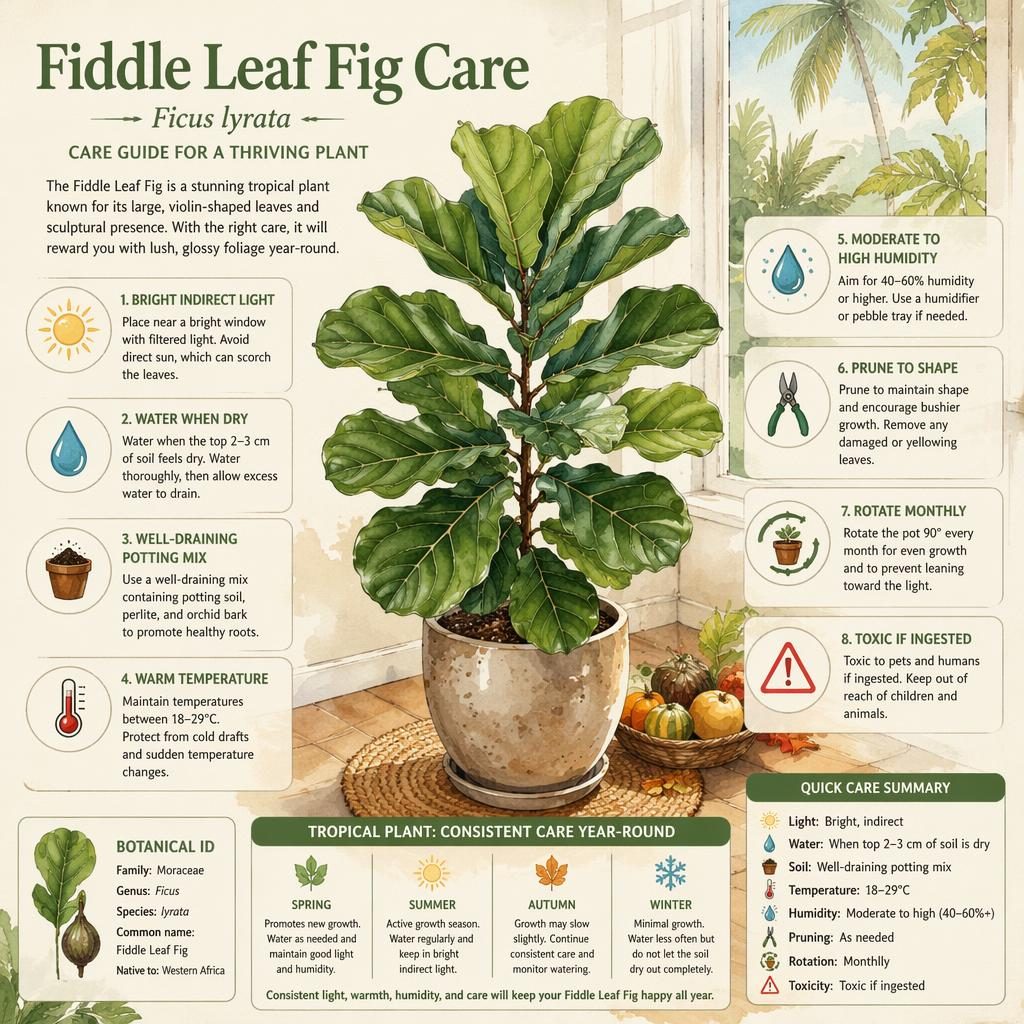 Botanical watercolor infographic of a fiddle leaf fig with English care callouts, icons, and tropical year-round care panel.