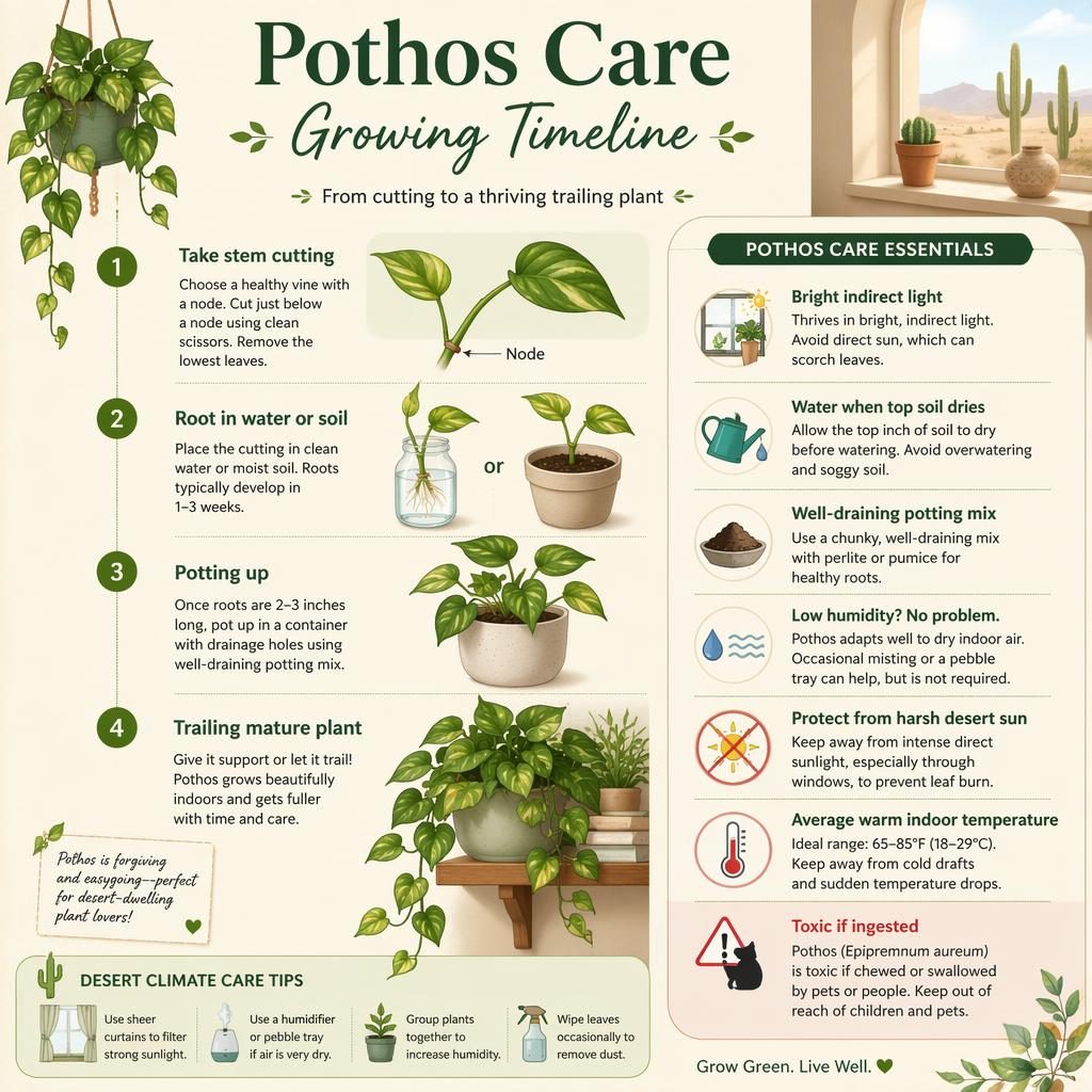 Vertical pothos care infographic showing cutting, rooting, potting up, and mature trailing vine with care icons and labels.