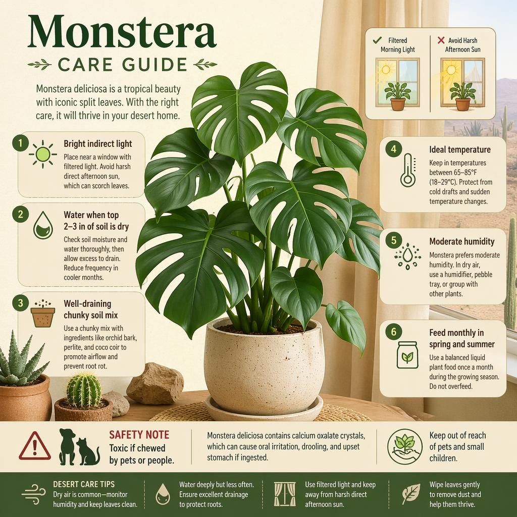 Botanical Monstera care infographic with 6 English callouts, care icons, desert indoor cues, and a toxic safety note.