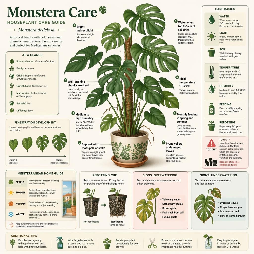 Botanical Monstera care infographic with labeled plant diagram, care icons, seasonal tips, and toxicity warning.