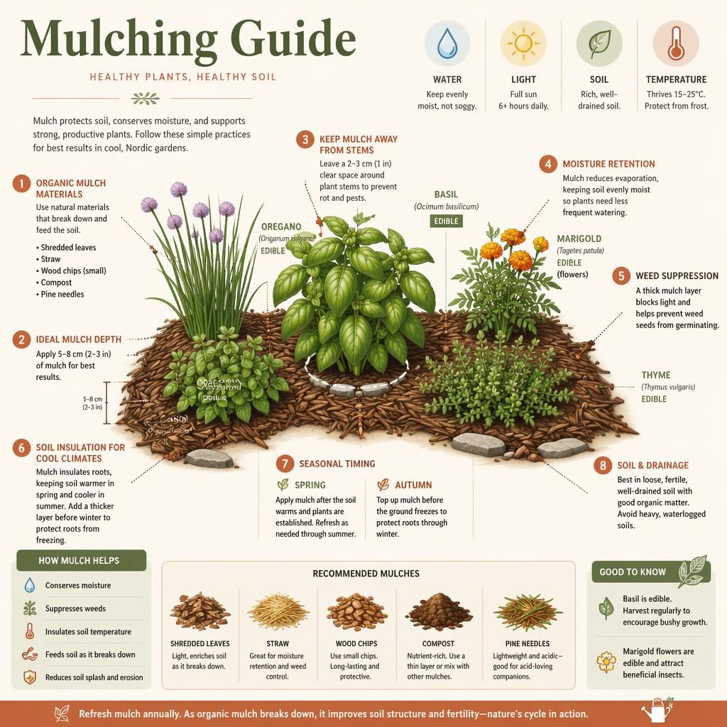 Minimal flat gardening infographic showing basil in a mulched garden bed with labeled mulch depth, timing, moisture, light, soil.