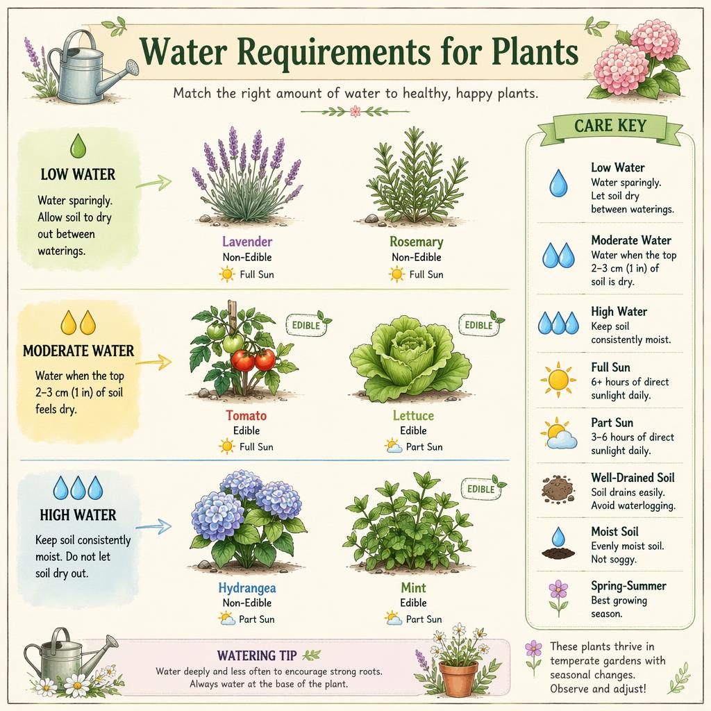 Pastel gardening infographic showing lavender, rosemary, tomato, lettuce, hydrangea, and mint by water needs.