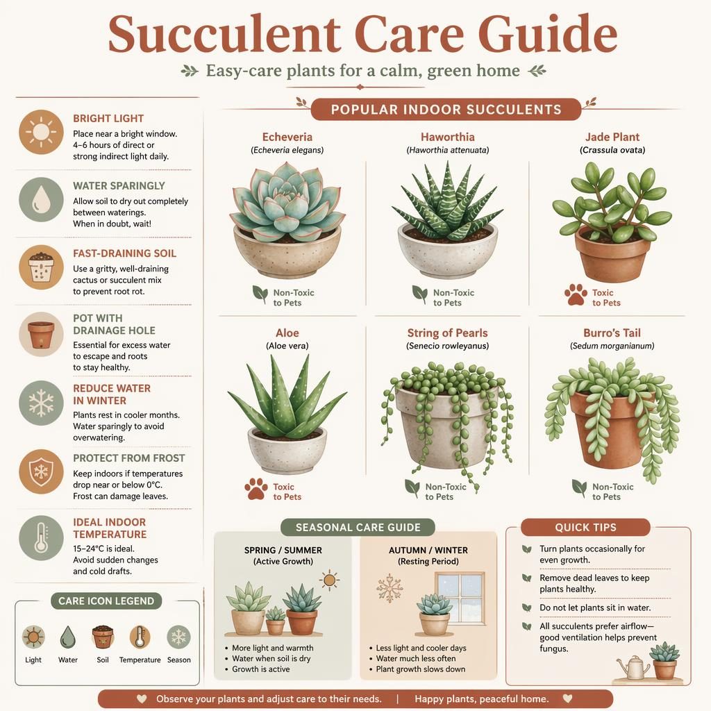 Infographie minimaliste de succulentes d’intérieur avec schémas, icônes de soin et annotations en anglais sur fond terracotta.