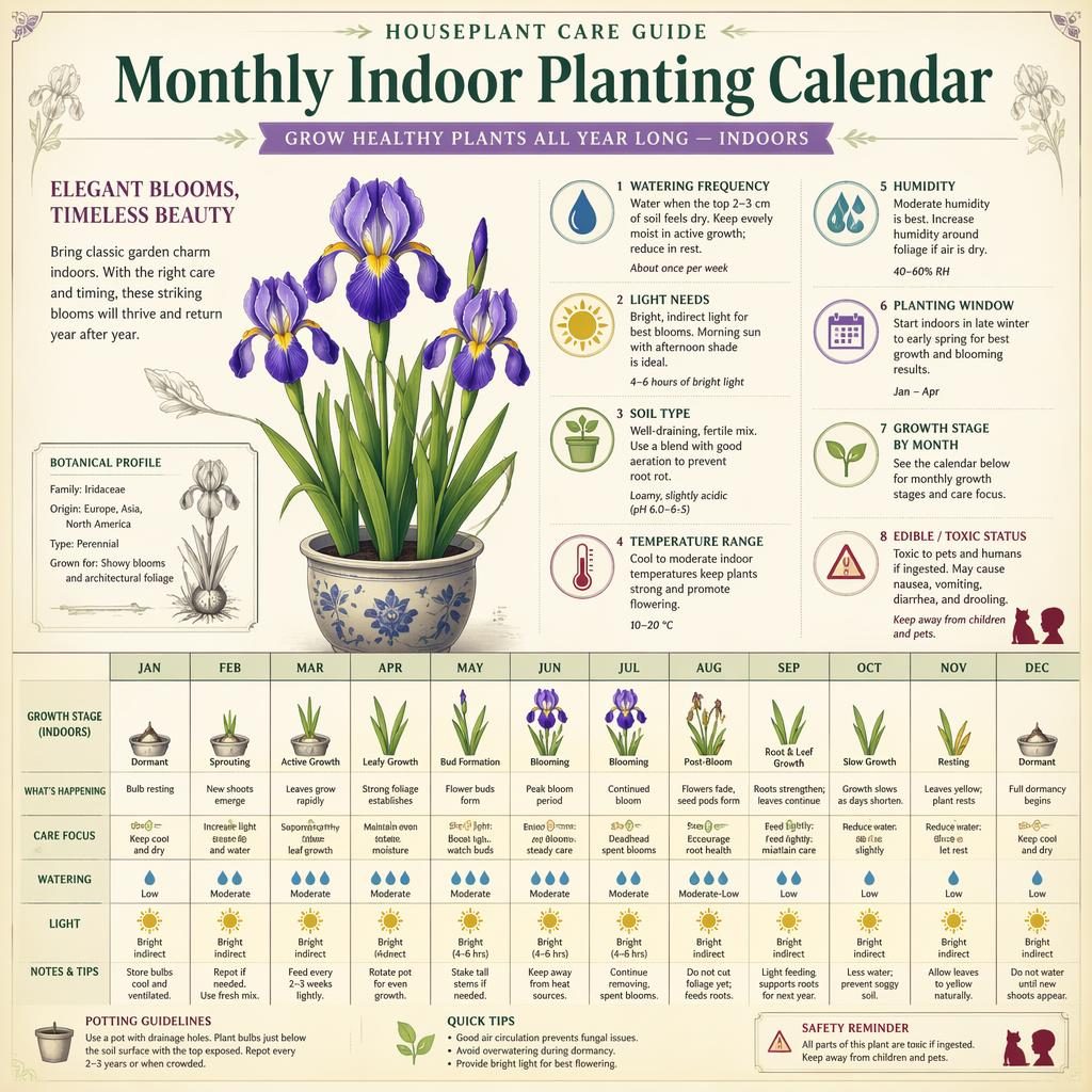 Indoor houseplant care infographic with iris focus, monthly planting calendar, icons for water, light, soil, temperature, humidity, and toxic note.
