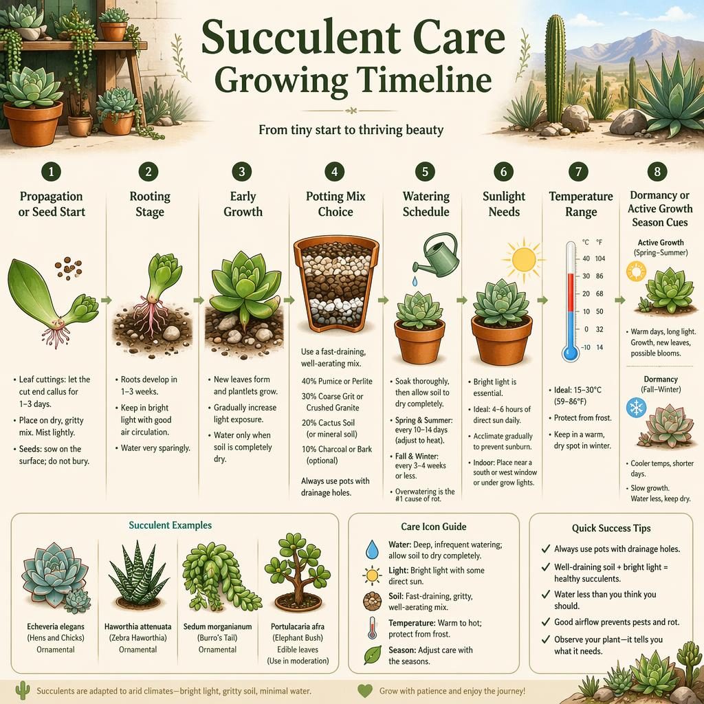 Botanical infographic showing a left-to-right succulent care timeline with stages, icons, labels, terracotta pot, and gritty soil.