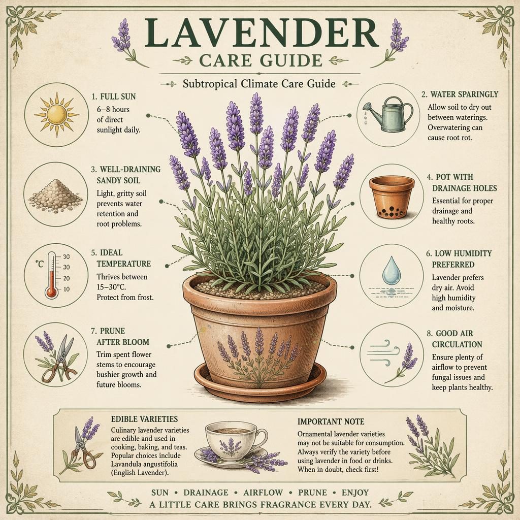 Vintage-style lavender care infographic with a potted lavender plant, care icons, and English callouts on sun, water, soil, and pruning.
