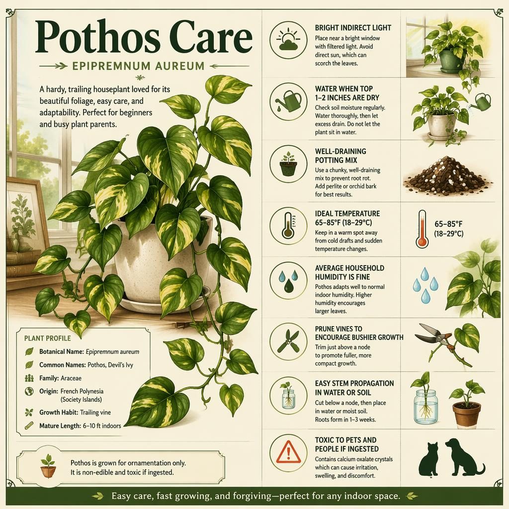 Editorial pothos care infographic with illustrated variegated vine, icons, and English callouts for light, water, soil, humidity.