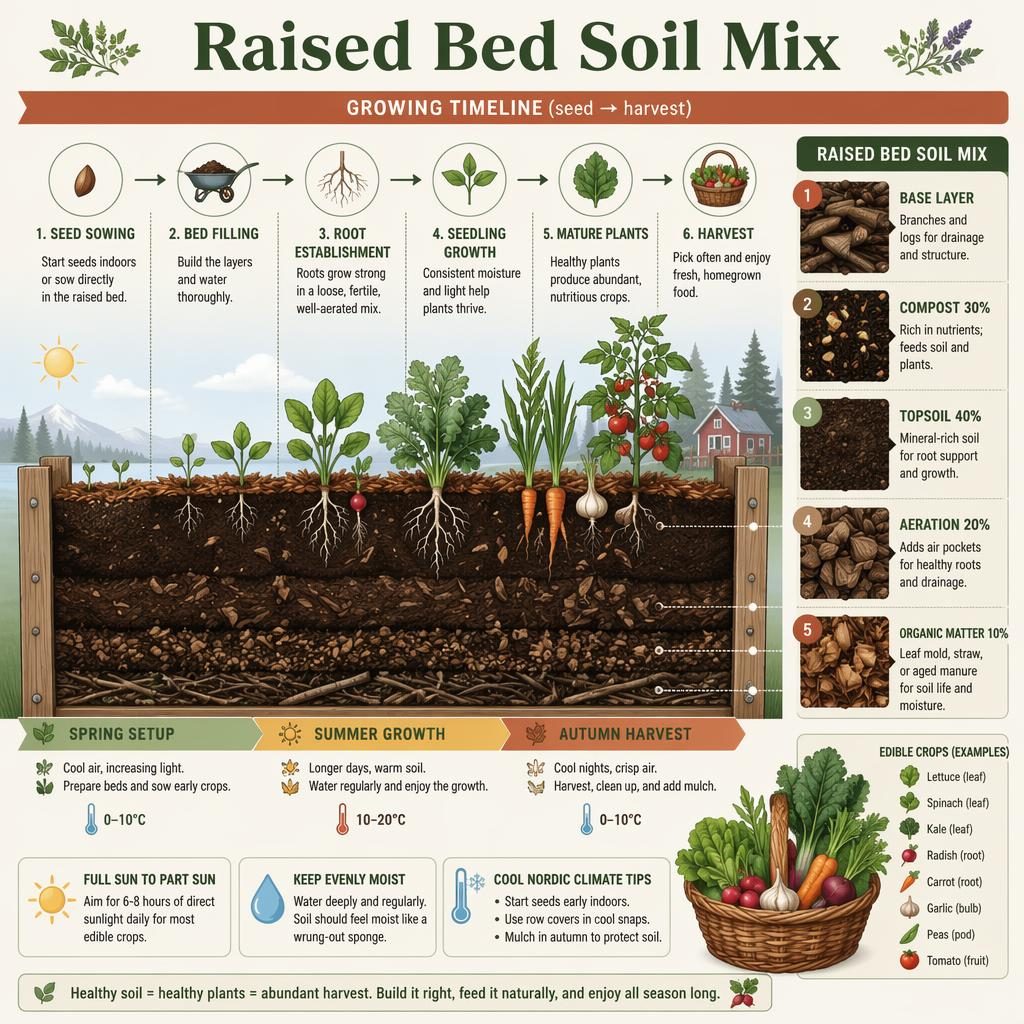 Minimal flat infographic of a raised bed soil mix timeline with soil layers, roots, mulch, crops, and cool weather cues.