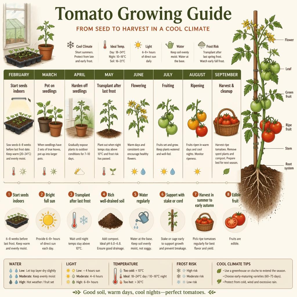 Infografía de calendario estacional para tomates con siembra, trasplante, floración, cosecha e iconos de clima frío.