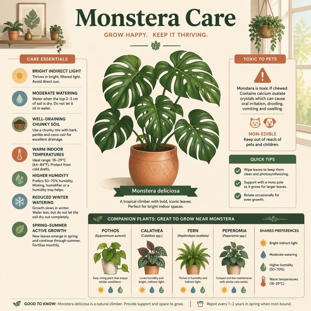 Minimalistická infografika péče o Monstera deliciosa s centrální rostlinou, ikonami péče a mřížkou kompatibilních pokojovek.