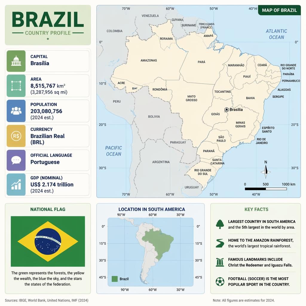 Modern atlas-style Brazil country profile infographic with Brazil flag, Brazil map, stats panels, and South America locator map.