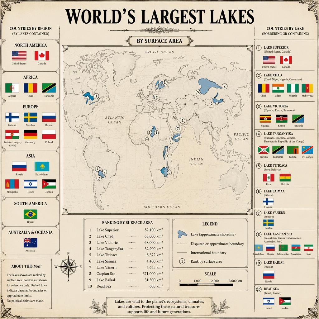 Vintage atlas-style infographic of the world's largest lakes with world map, ranked lake labels, and surrounding flag grid.