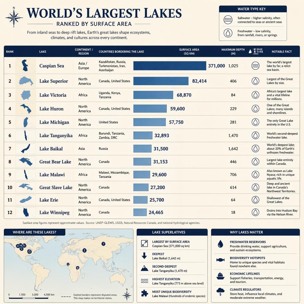 Atlas-style infographic with a horizontal bar chart ranking the world's largest lakes, locator maps, and neutral world map.