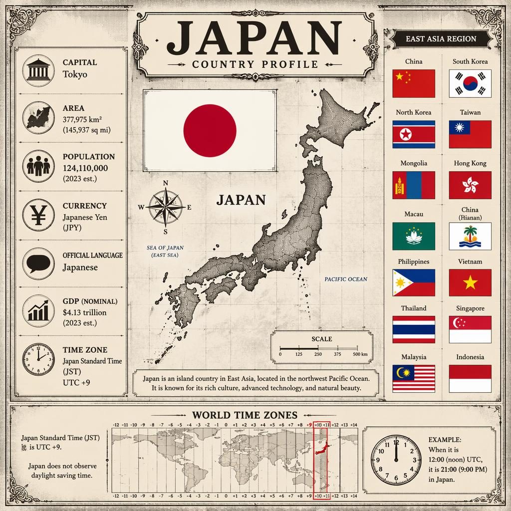 Vintage atlas-style Japan country profile infographic with Japan map, Japanese flag, East Asia flags grid, and timezones chart.