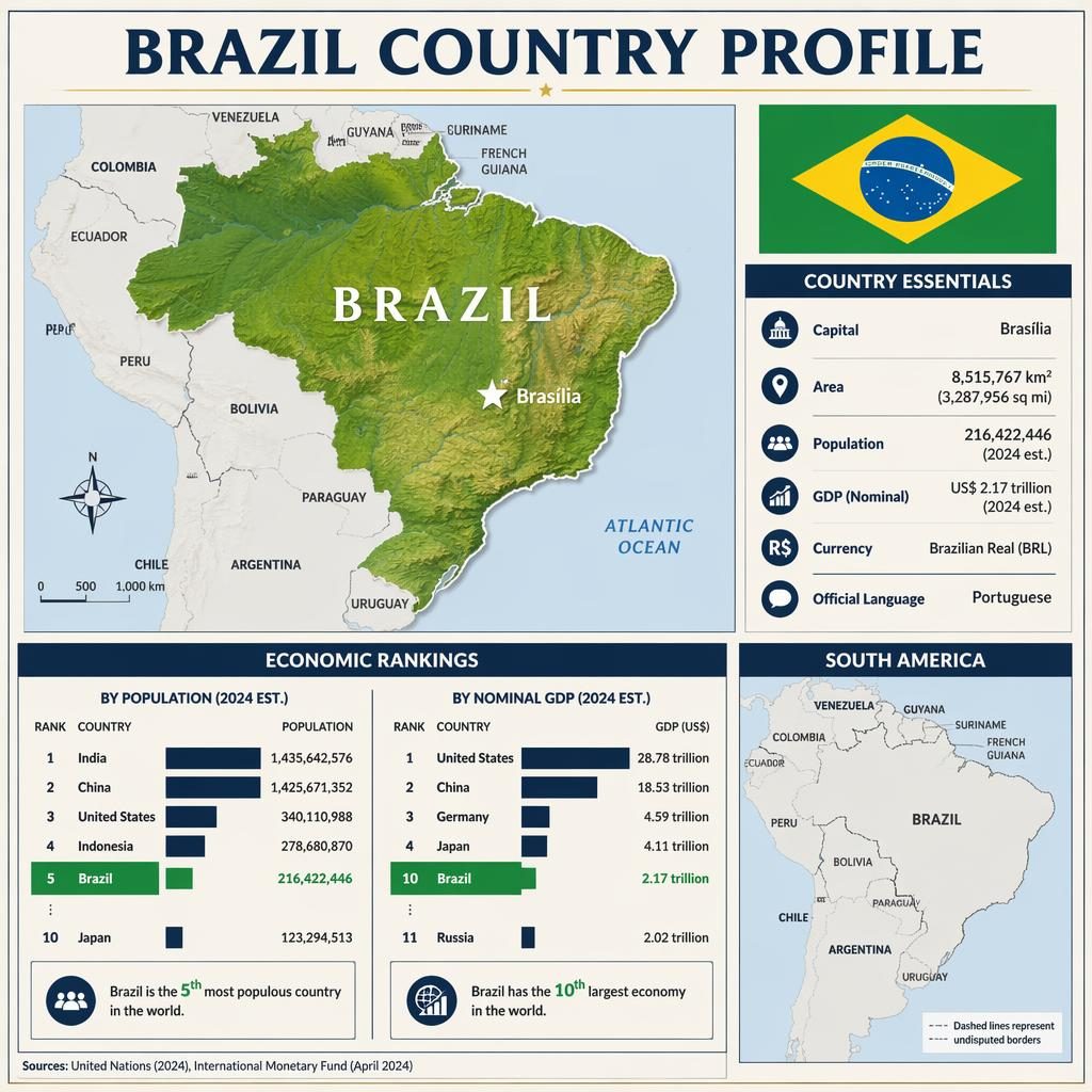 Atlas-style Brazil country profile infographic with Brazil map, flag, bar charts, stats panels, and South America context map.