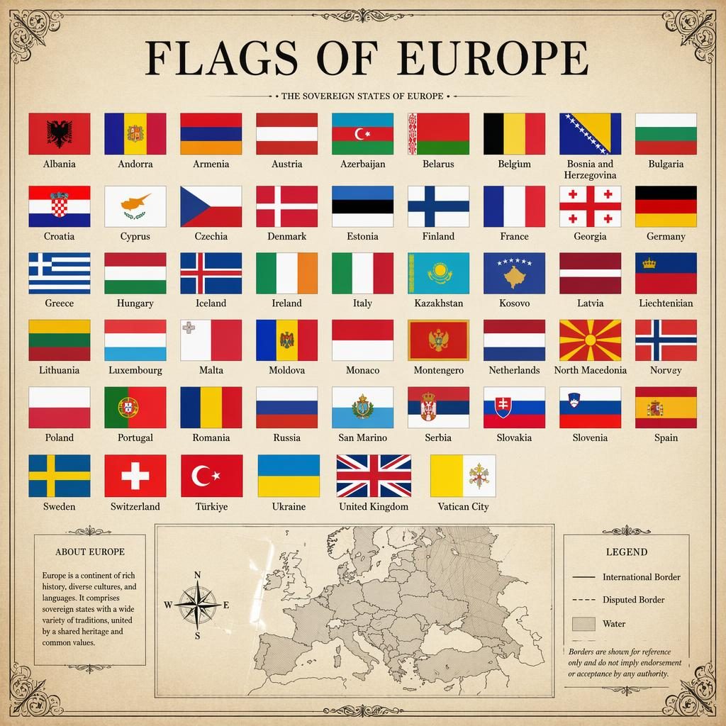 Vintage atlas-style poster showing a grid of European national flags with English labels and a small locator map.