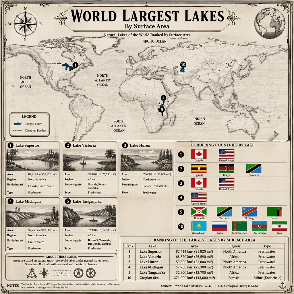 Vintage atlas infographic of the world’s largest lakes with map, lake data panels, ranking chart, and regional flag grid.