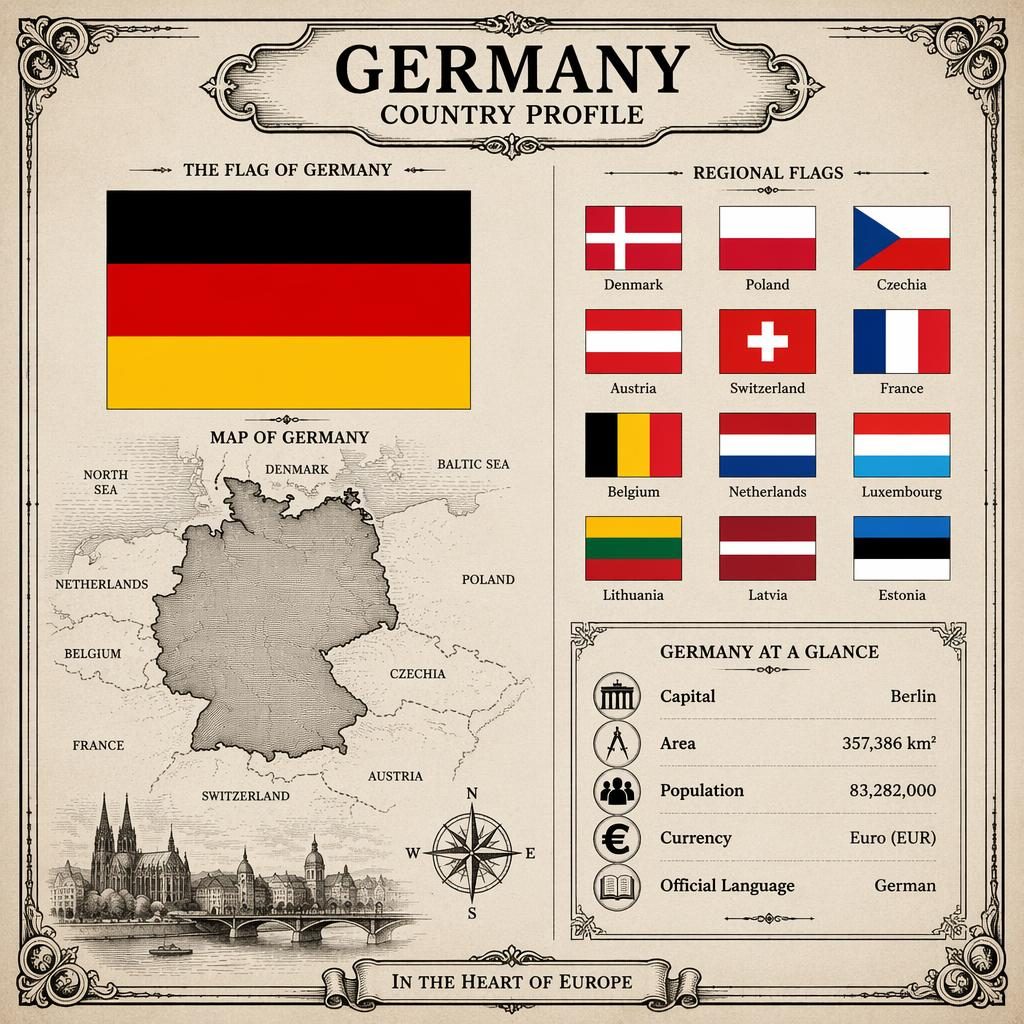 Vintage atlas-style Germany country profile infographic with Germany flag, map silhouette, regional flags grid, and stats panel.