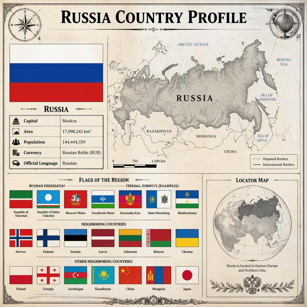 Vintage atlas-style Russia country profile infographic with Russia flag, map silhouette, and grid of blue red and green flags.