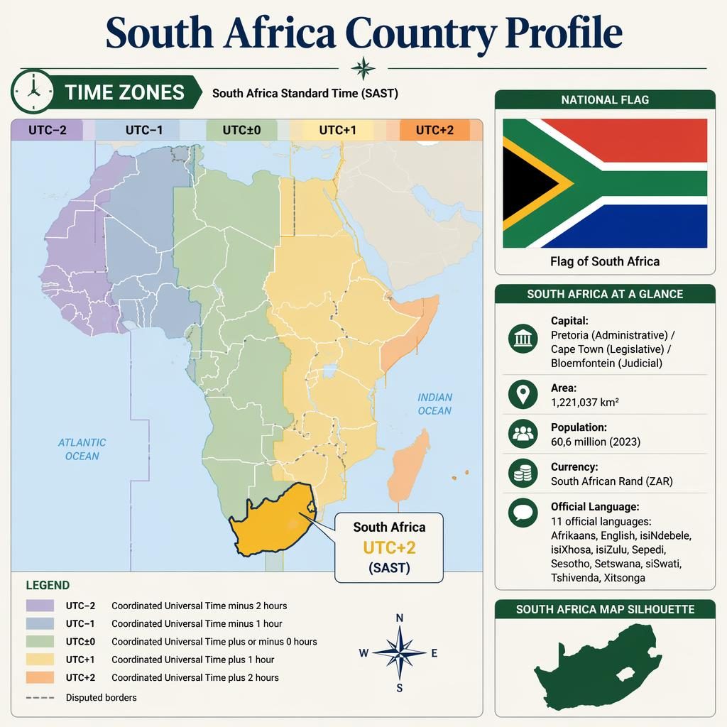 Atlas-style South Africa country profile infographic with Africa time zones map, South Africa flag, inset silhouette, and stats panel.