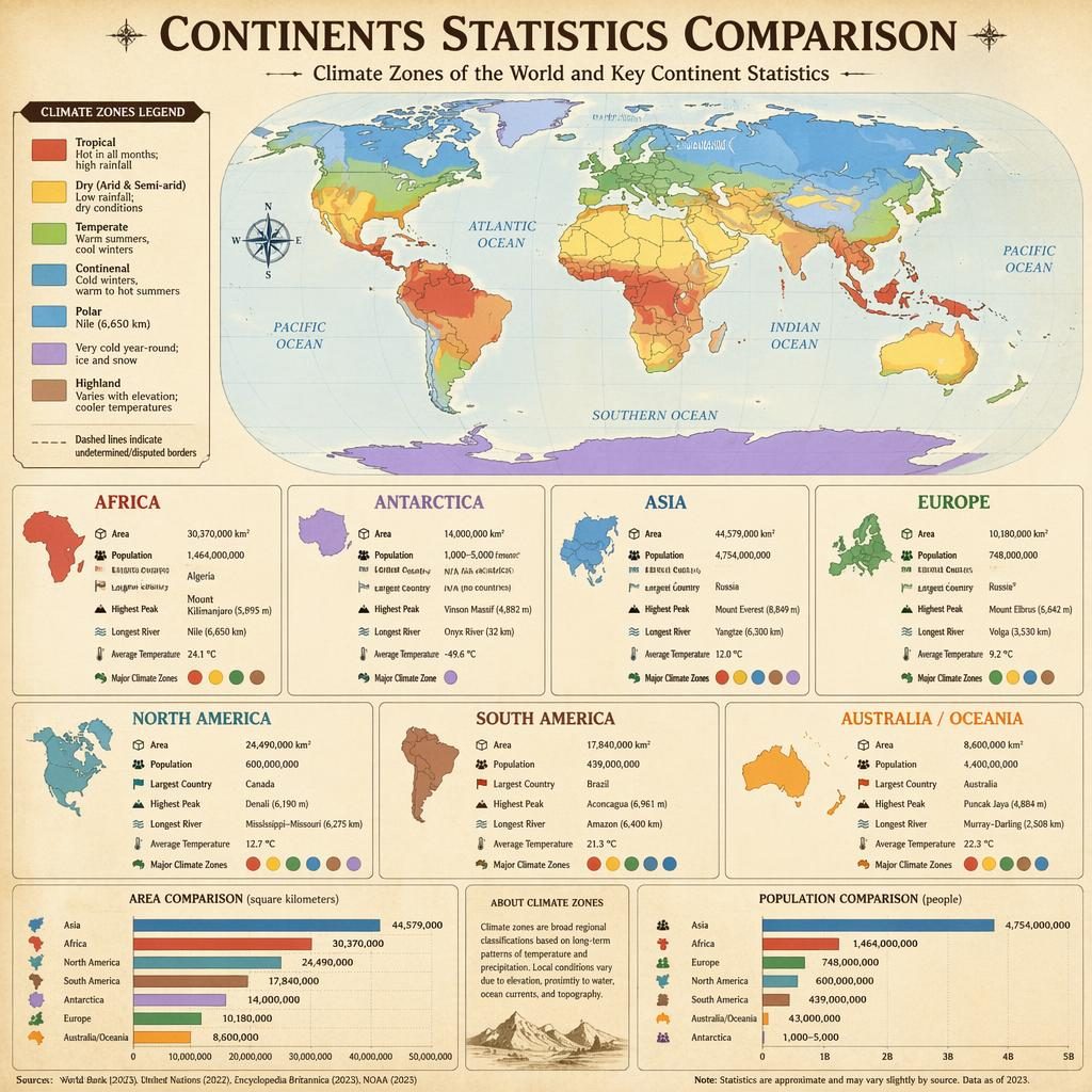 Educational world map infographic with climate zones by continent, legend, and statistic panels on a parchment-style atlas layout.