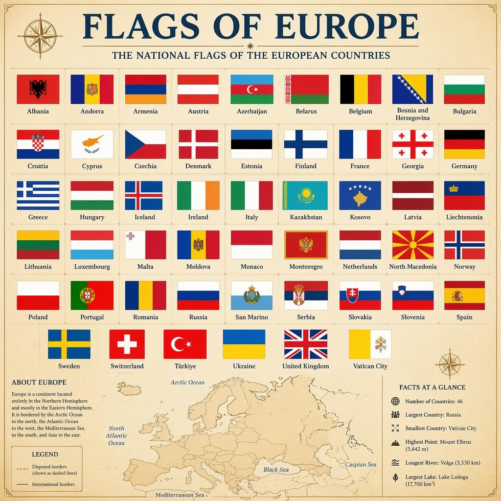 Atlas-style infographic grid of European national flags with a subtle Europe map background and neutral dashed borders.