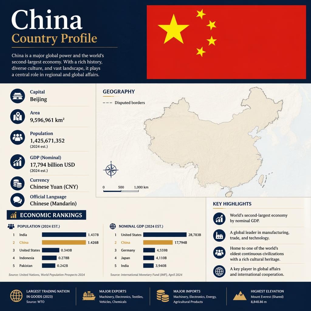 Editorial China country profile infographic with China flag, gray dashed map silhouette, and economic ranking bars