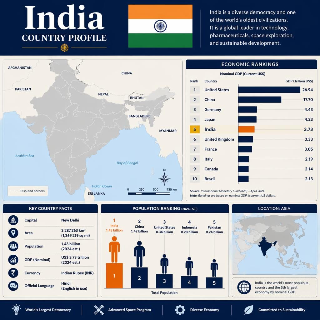 Atlas-style India country profile infographic with India map, national flag, bar charts, and data panels in navy and cream.