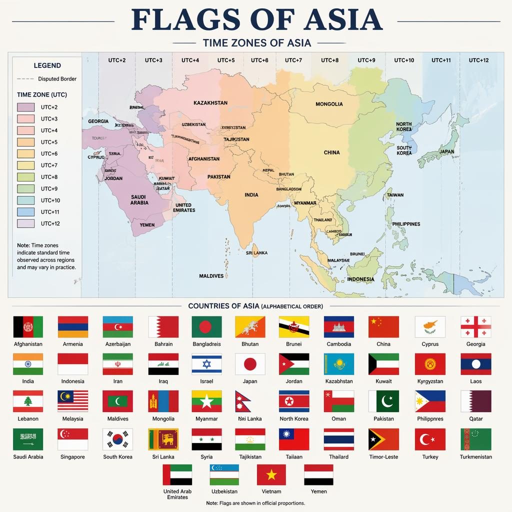 Atlas-style Asia map with time zone bands and a grid of Asian country flags in alphabetical order with labels.