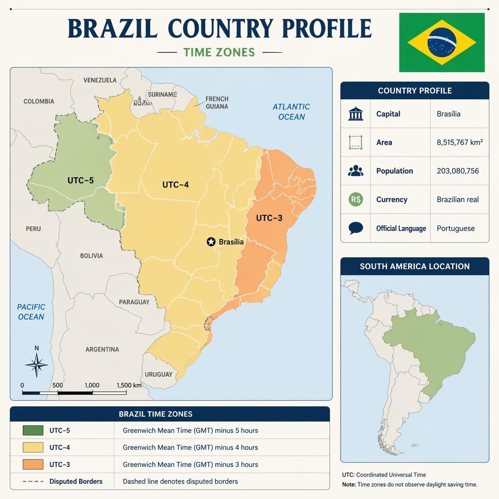 Atlas-style Brazil country profile infographic with Brazil time zones map, flag, South America locator, legend, and stats.