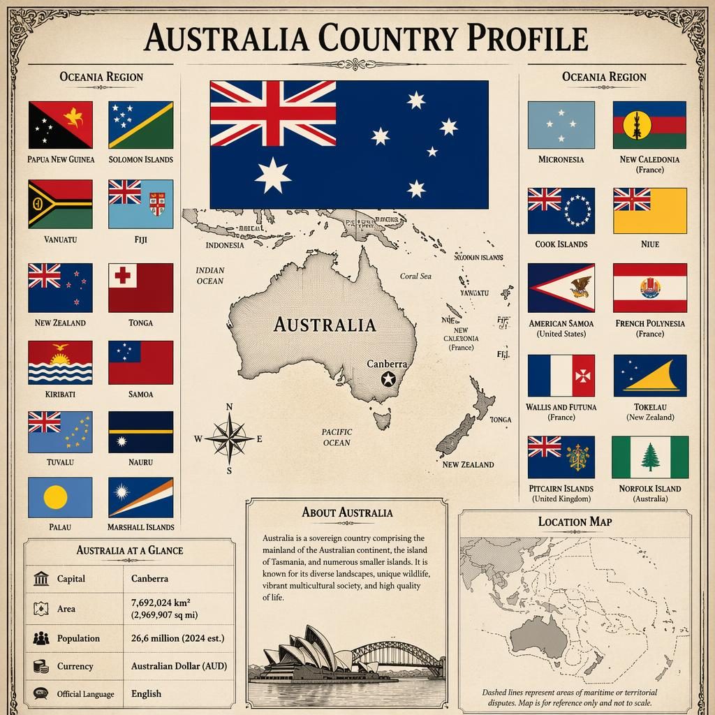 Vintage atlas-style Australia country profile infographic with Australia map, regional flags grid, locator map, and facts panels.