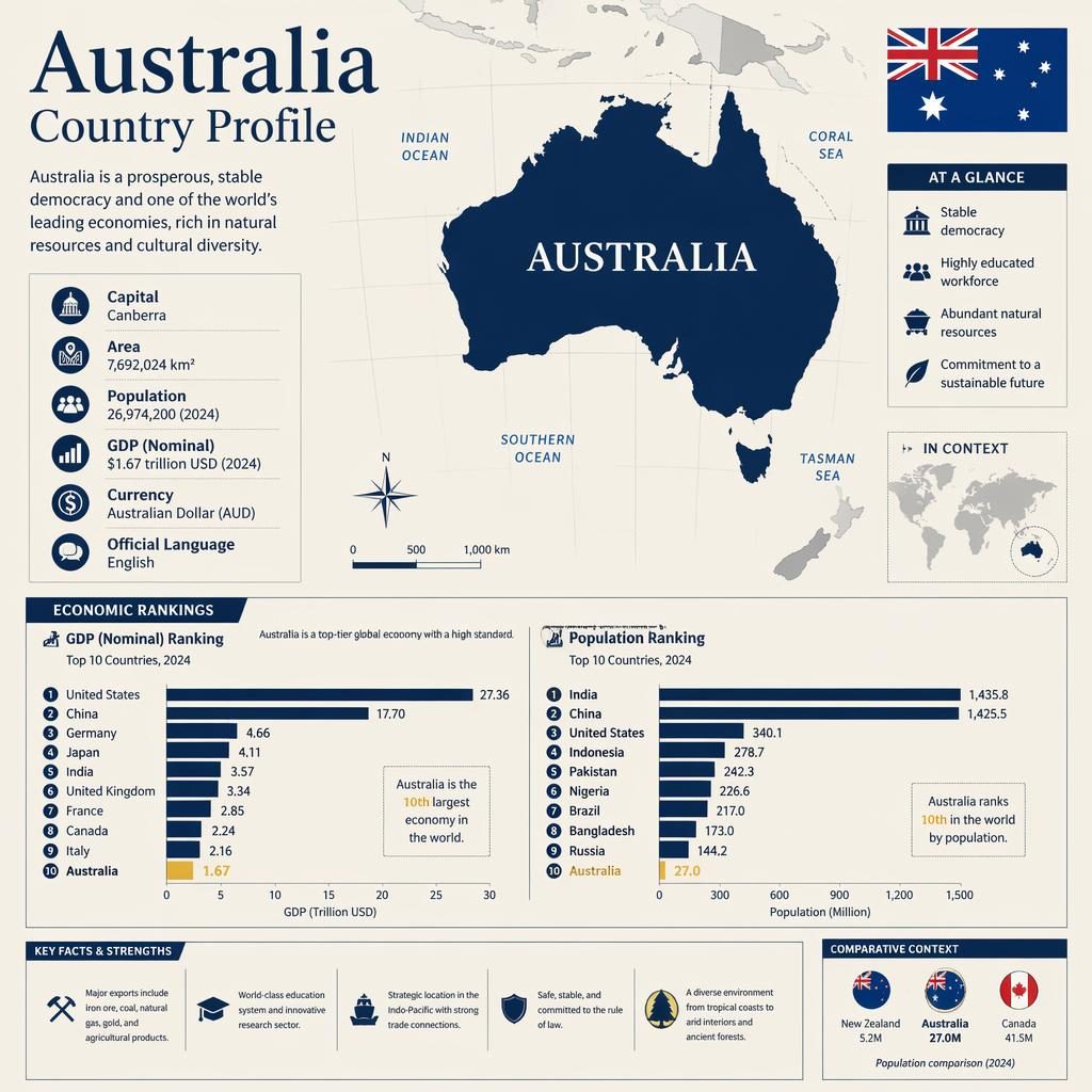 Australia country profile infographic with map silhouette, flag, navy bar charts, rankings, and country facts on cream.