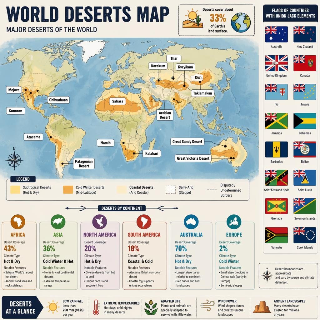 Atlas-style world deserts map infographic with labeled deserts, continent stats panels, legend, icons, and flag thumbnails.