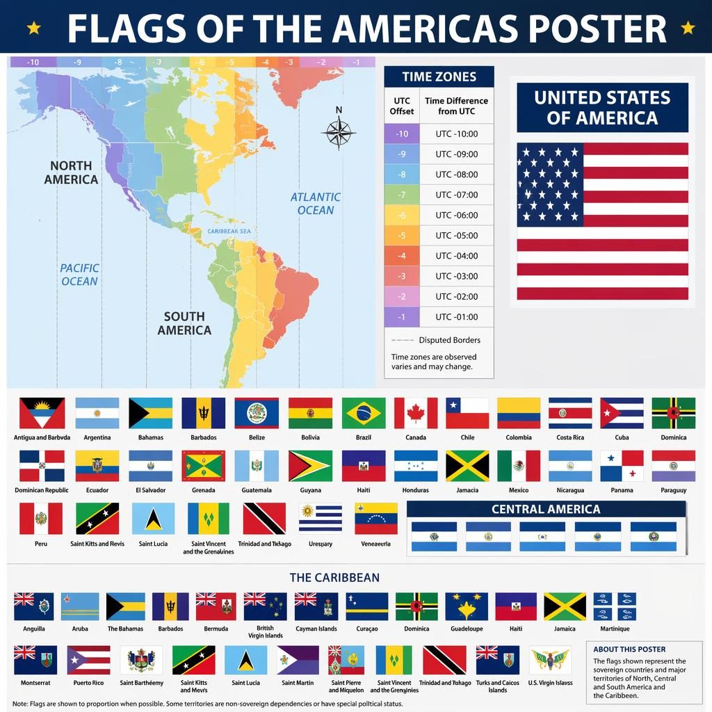 Atlas-style Americas time zones map with a large grid of national flags and a dominant largest American flag element.