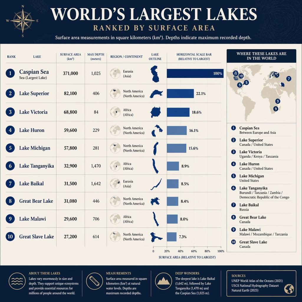 Navy and cream atlas-style infographic bar chart ranking the world's largest lakes with locator maps and labels.