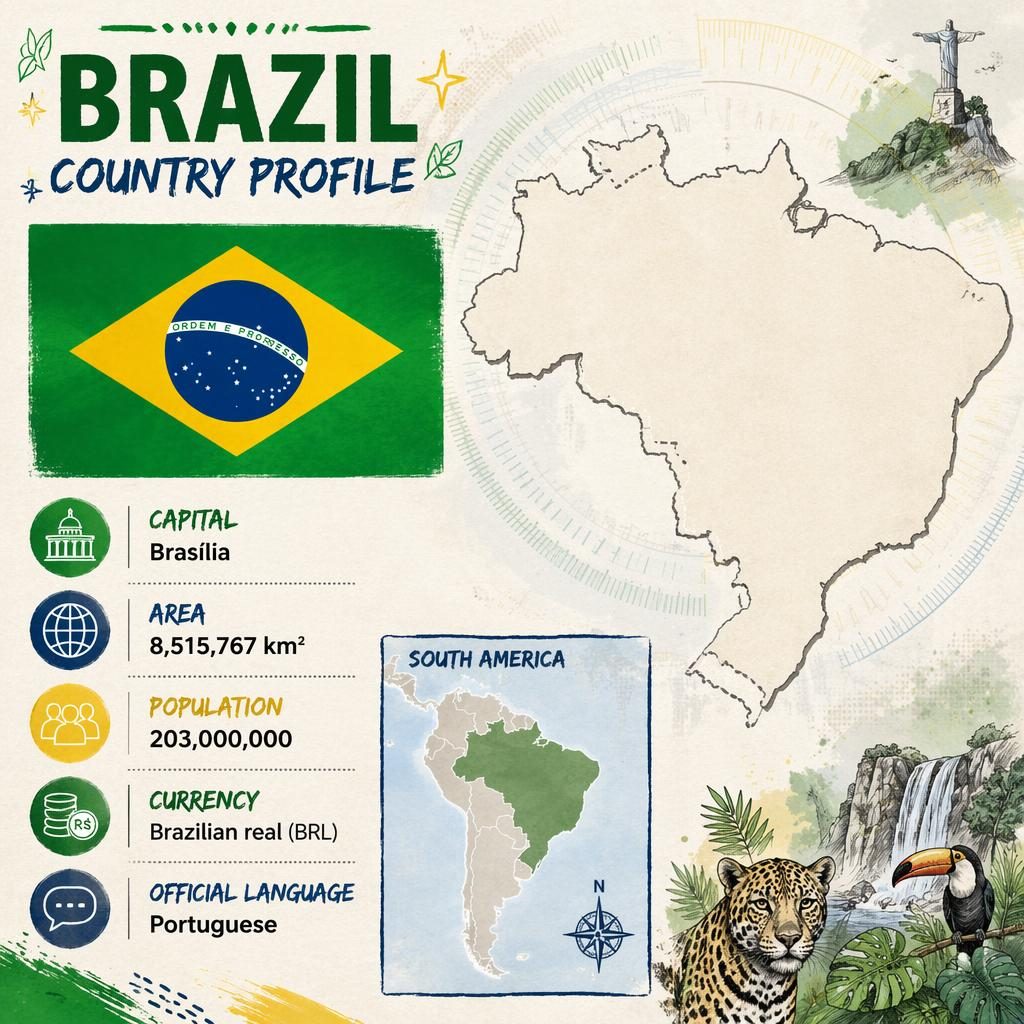 Atlas-style Brazil country profile infographic with flag, Brazil map, stats, South America locator map, and clock motifs.