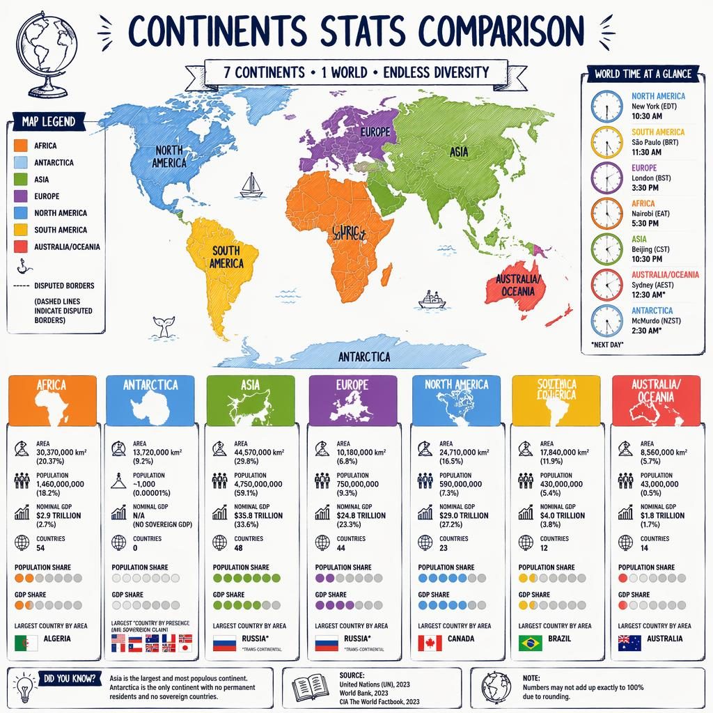 Educational world map infographic comparing continent stats with panels, charts, icons, and a subtle global time clock map motif.