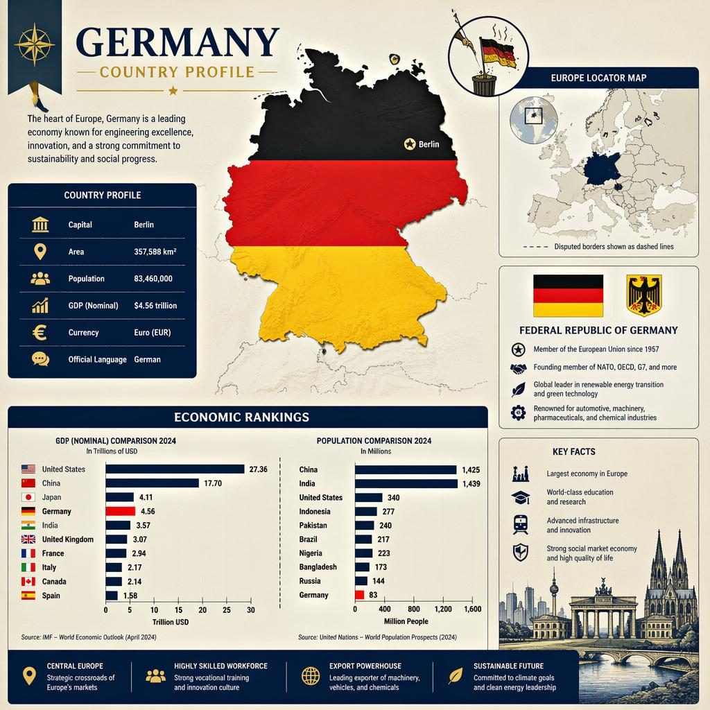 Editorial Germany country profile infographic with map silhouette, GDP and population bar charts, Europe locator map, and atlas panels.